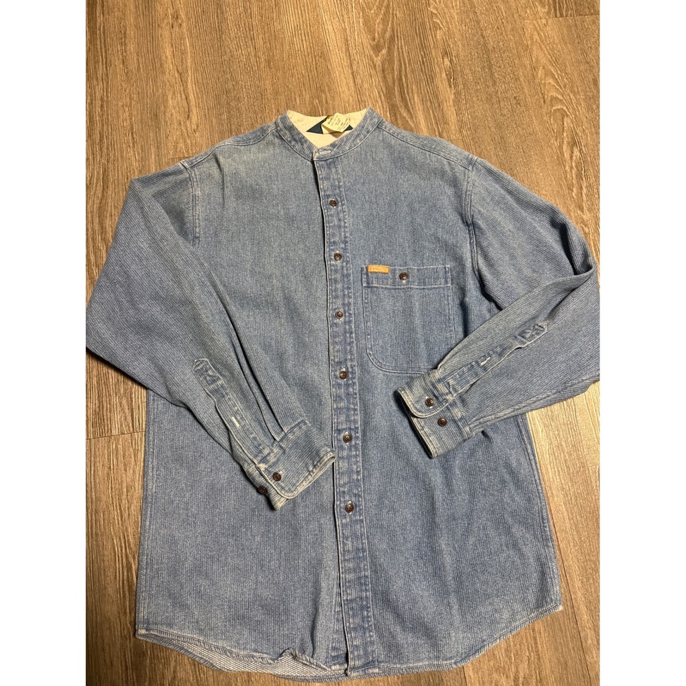 Vintage OshKosh Bgosh Mens Medium Blue Denim Band Collar Button Down Shirt MR